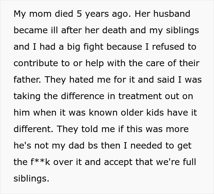 Text discussing siblings' argument over care responsibilities after their mom's husband fell ill.