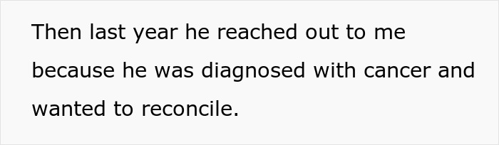 Text about a father reaching out for reconciliation after a cancer diagnosis.