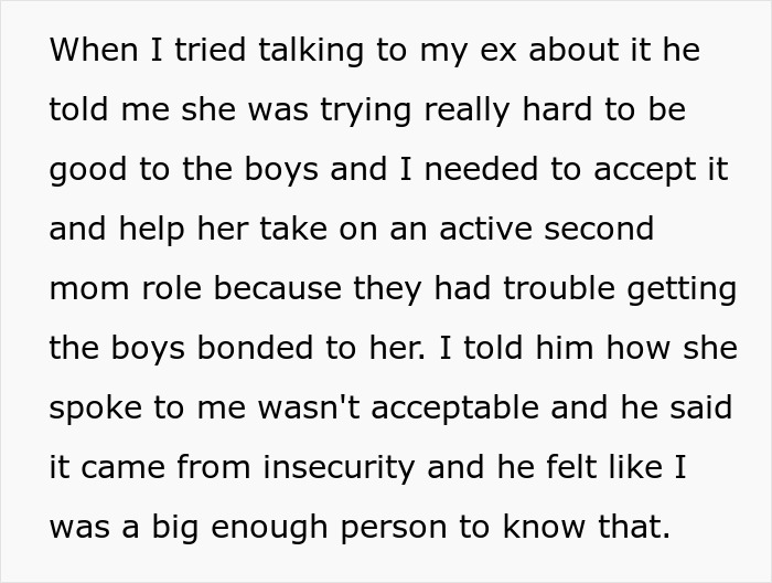 Text excerpt discussing a mom's refusal to sympathize with her kids' stepmom about bonding issues.