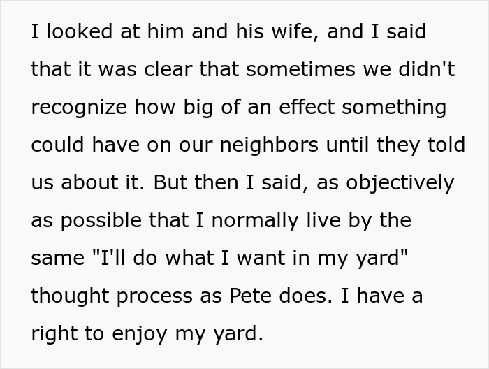 Text discussing using neighbor's logic about doing what you want in your own yard.