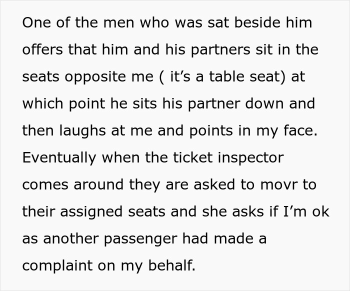 Text describing a train seating conflict involving a man, his partner, and a ticket inspector.