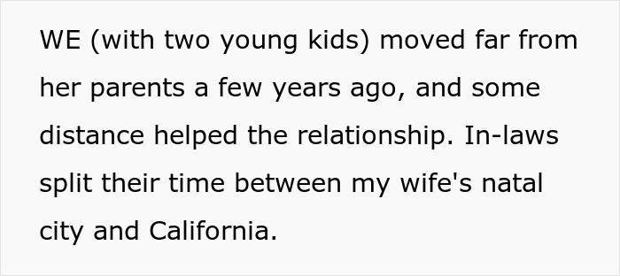 Text detailing a family's move to distance themselves from in-laws, improving relationships by living far from partner’s parents.