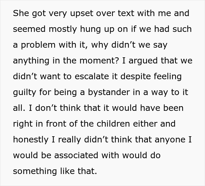 Text discussing a woman's guilt over being a bystander to an offensive tattoo revelation.