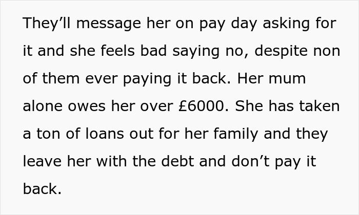 Text on a financial struggle about loans taken out for family, describing debt left unpaid.