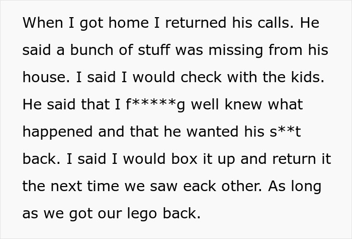 Text screenshot about a conversation with brother regarding missing items and the return of a Lego set.