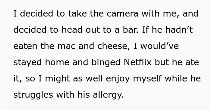 Text about using allergies for revenge as her roommate eats woman's food, heading to a bar.