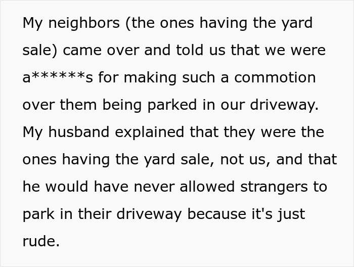 Text about yard sale disagreements and car in neighbor's driveway, leading to police intervention.