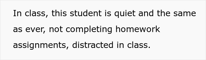 Text image highlighting a student's quiet behavior and distraction in class.