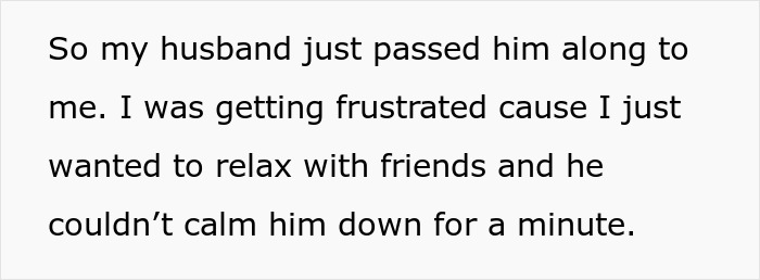 Text about wife refusing to coddle husband who struggles with infant care, expressing frustration.