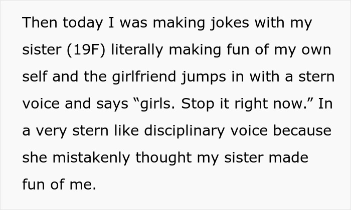 Text recounting a 23-year-old woman’s conflict with dad’s 25-year-old girlfriend over a misunderstanding during a joke.