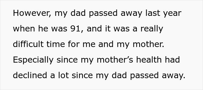 Text discussing a woman's emotional struggle after her father's passing and mother's declining health.