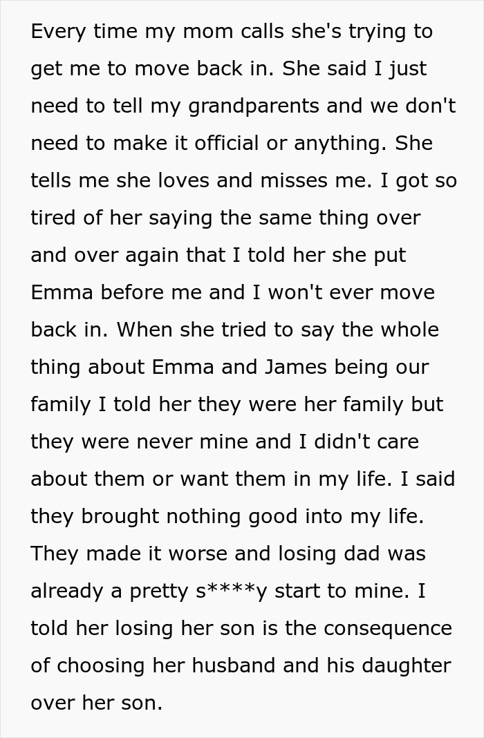 Text conversation where a teen explains frustration with a mom neglecting her biological son for a stepchild.