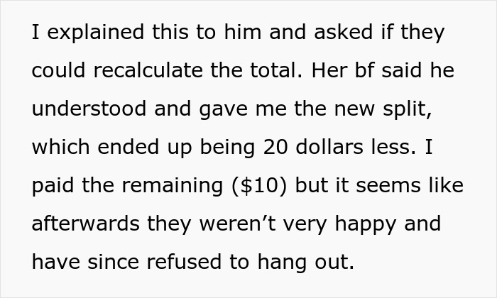 Text exchange discussing a meal payment and an adjusted split, highlighting a friend's unhappiness over the situation.