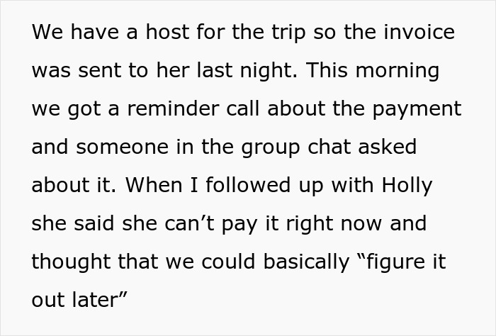 Text message discussing a group vacation payment issue, where a friend cannot pay her portion last minute.