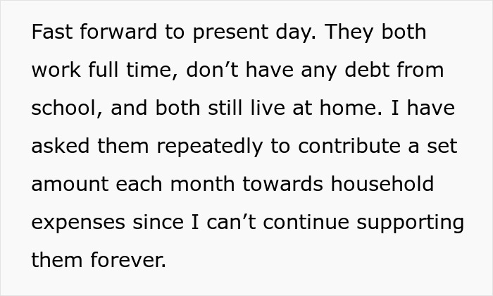 Text discussing a mom asking adult children to contribute to rent, explaining her request for monthly household expense help.