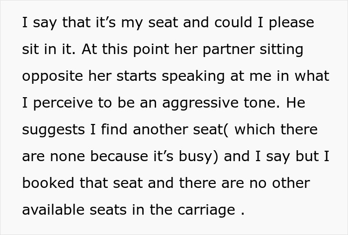 Text describing a dispute over a prepaid train seat with an aggressive tone from a seated partner.