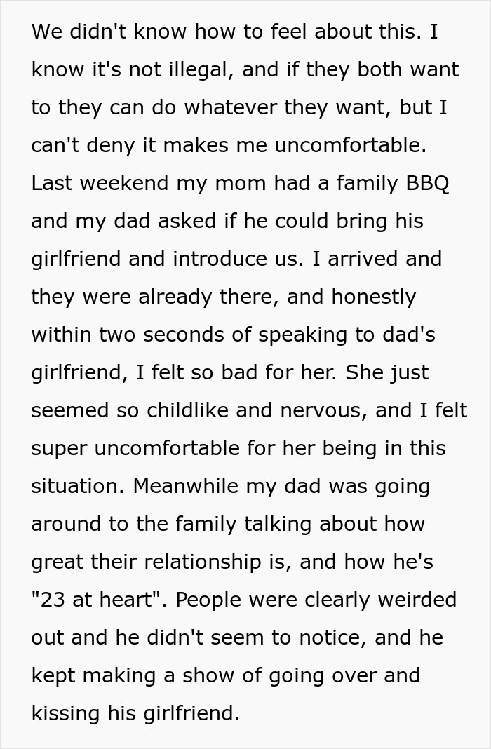 Text discussing discomfort of 24-year-old with dad's 23-year-old girlfriend at a family BBQ.