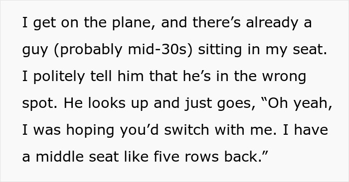 Text recounting a man in his 30s trying to switch seats on a plane for a window seat, leading to his embarrassment.