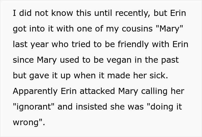 Text about vegan shaming and family conflict at barbeques involving Erin and Mary.