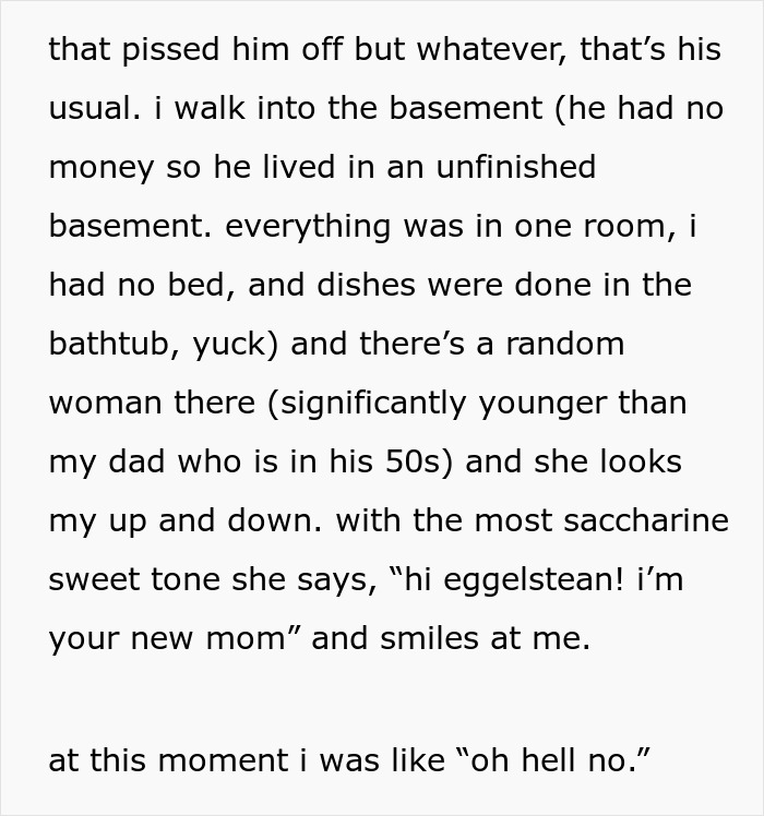 Text describing an encounter with a dad's girlfriend in a basement, claiming to be a "new mom.