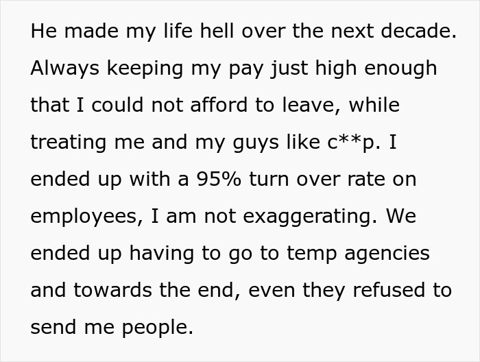 Text describing a decade of mistreatment by a toxic boss, leading to a high employee turnover rate.