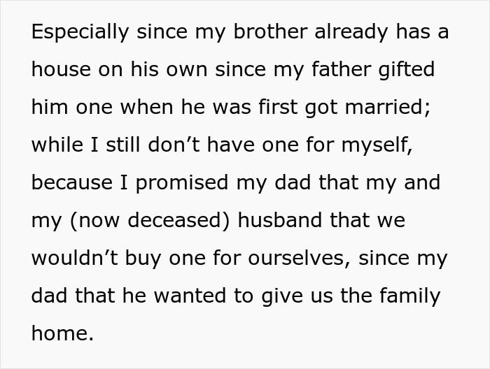 Text describing a woman's conflict about inheritance favoring her brother.