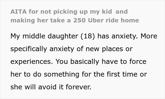 Text about a parent refusing to pick up an anxious daughter, leading her to pay $250 for an Uber home.