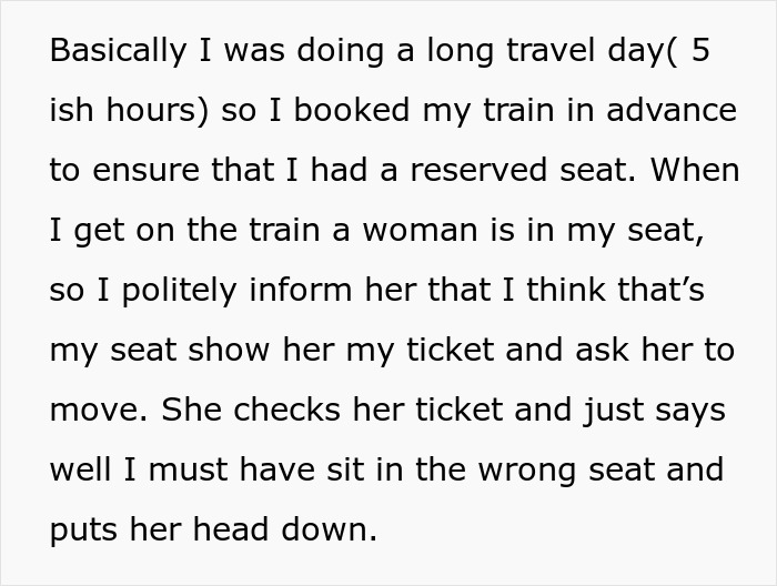 Text describing a situation where a reserved train seat is occupied by a stranger.