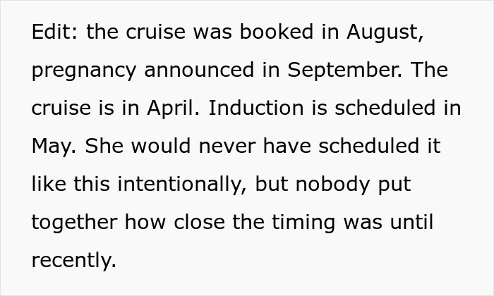 Cruise scheduled before pregnancy announcement, with induction in May; timing issues realized recently.