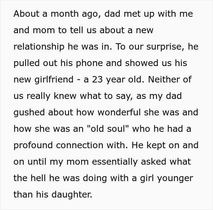 Text screenshot about a dad dating a 23-year-old, causing confusion for his 24-year-old child.