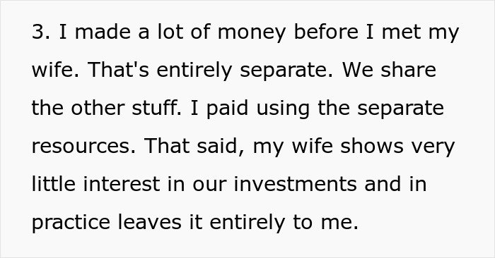 Text discussing financial separation from spouse's investments.