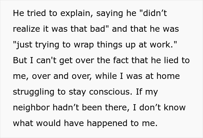 Text describing a husband's explanation after ignoring wife's critical SOS call, impacting their marriage.