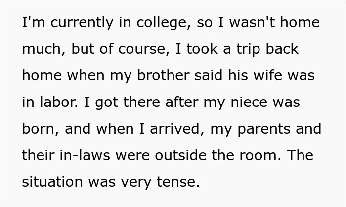 Text from a college student about visiting home for the birth of their brother's daughter, noting a tense situation.