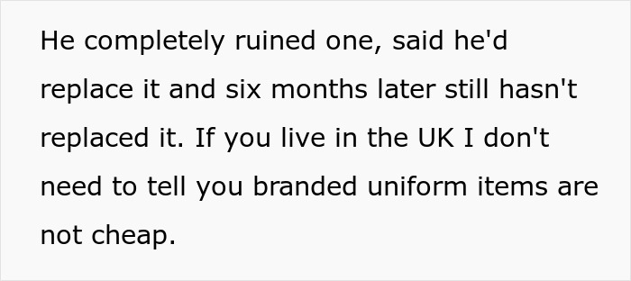 Text describing frustration over ruined uniform not replaced, related to wife's reaction after surgery.