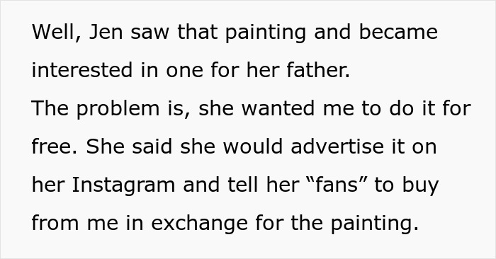 Text exchange about an influencer demanding a free painting in exchange for Instagram promotion.