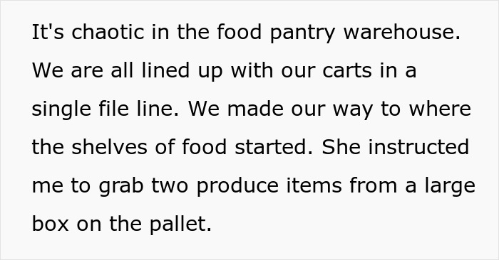 Text image describing a chaotic food pantry warehouse scene with people lined up for produce.