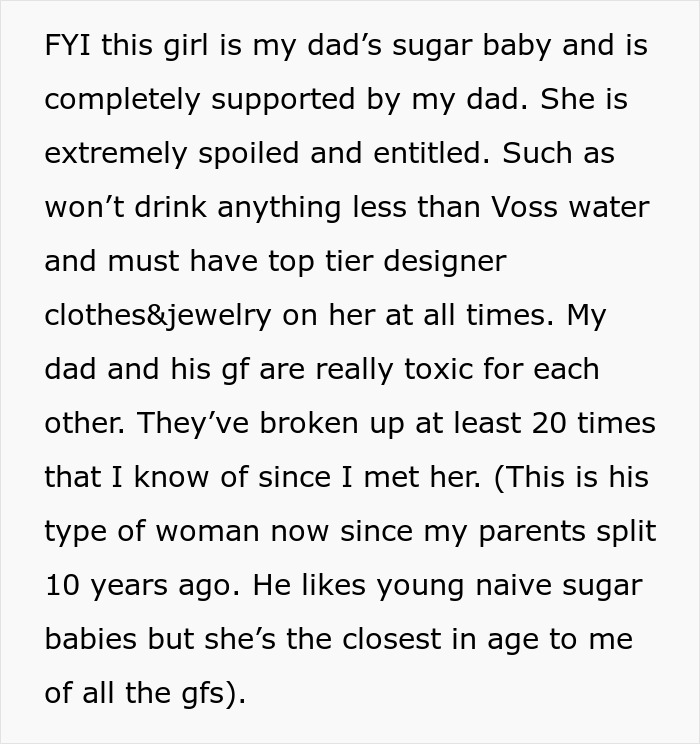 Text discussing a woman's feelings about her dad's young girlfriend, highlighting entitlement and relationship dynamics.