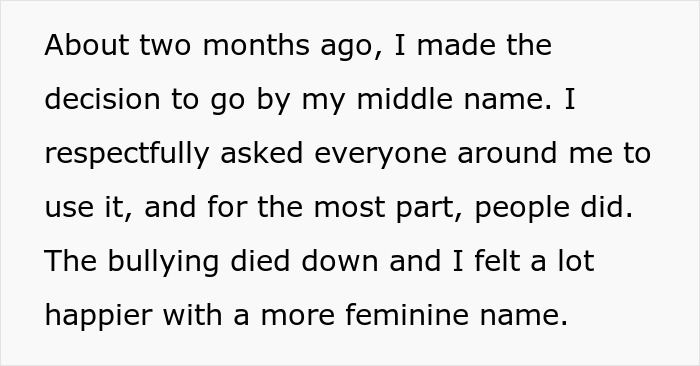 Text about choosing a middle name for more femininity, reducing bullying, and feeling happier.