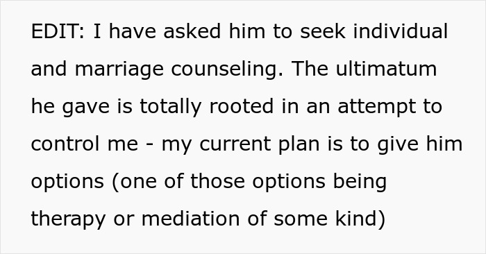 Text discussing a husband's ultimatum regarding a wife's yoga teaching and marriage counseling options.