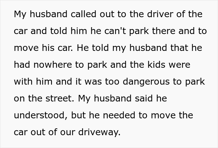 Text about a car parked in a neighbor's driveway, leading to a yard sale dispute and police involvement.