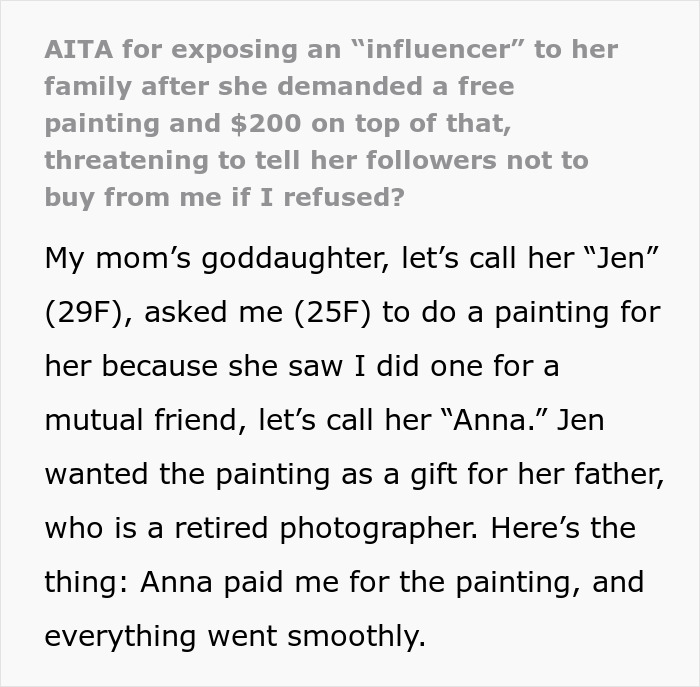 Text conversation discussing exposing an influencer for demanding a free painting and money.