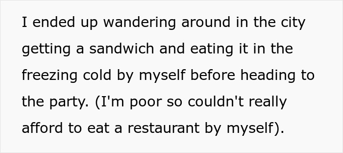 Text about being excluded from a wedding dinner, eating a sandwich alone in the cold.