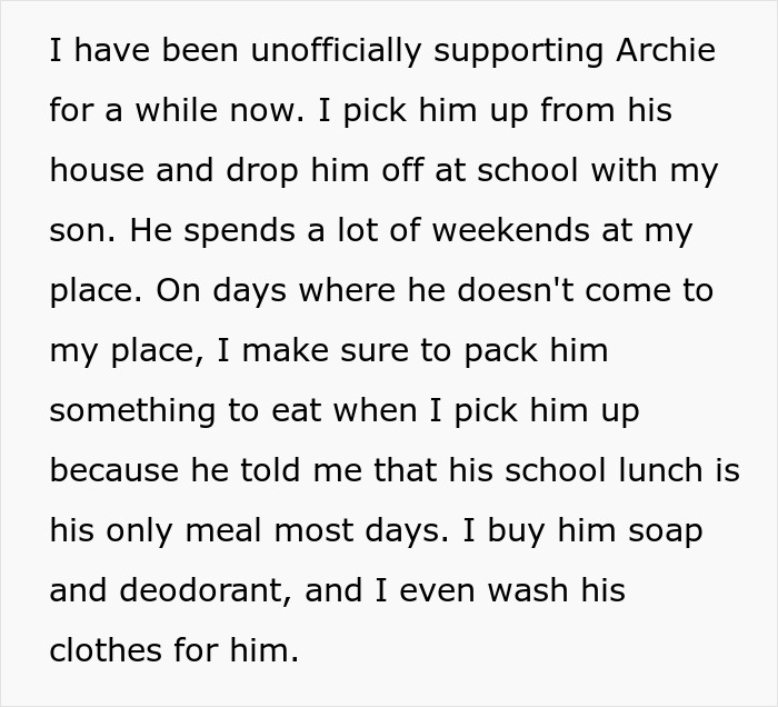 Text detailing a single dad's support for his son's best friend, mentioning meals and care.