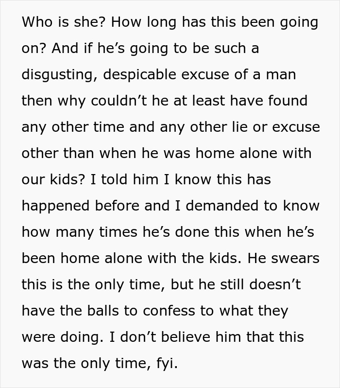 Text discussing a husband denying leaving children home alone, expressing disbelief in his honesty.