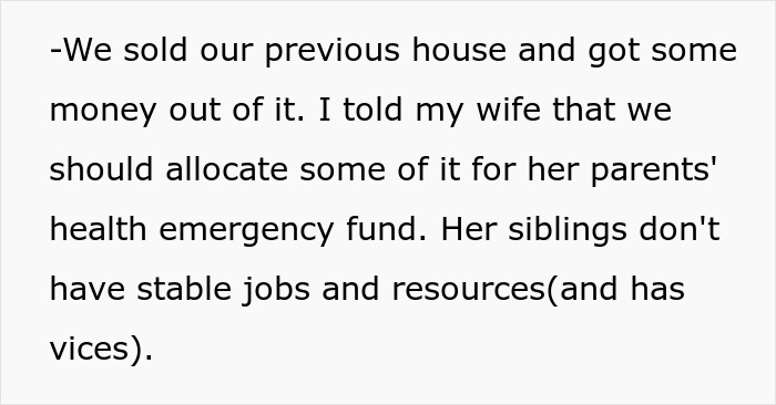 Text describing financial discussion about allocating money for parents' emergency fund.