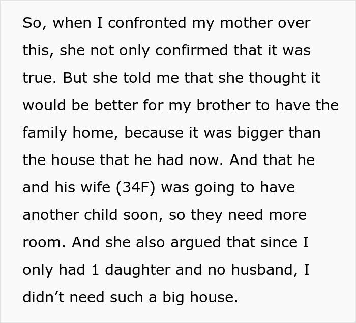 Text about a woman learning her mother will leave most inheritance to her brother due to his family's needs.