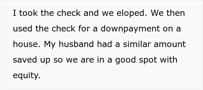 Text about accepting money from parents and eloping, then using funds for a house downpayment.