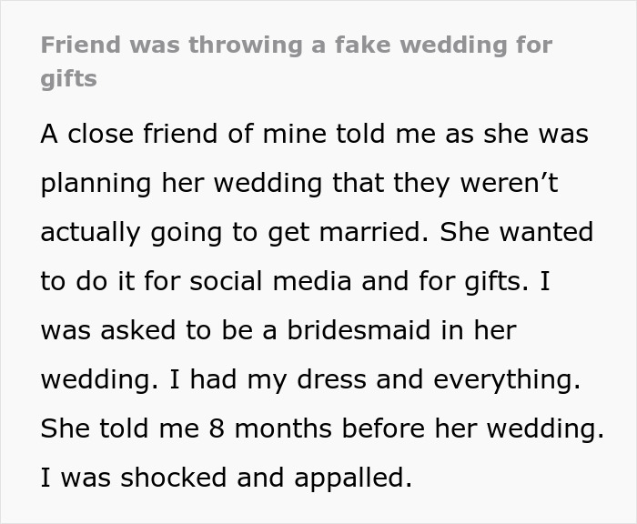 Text describing a friend planning a fake wedding for social media and gifts.