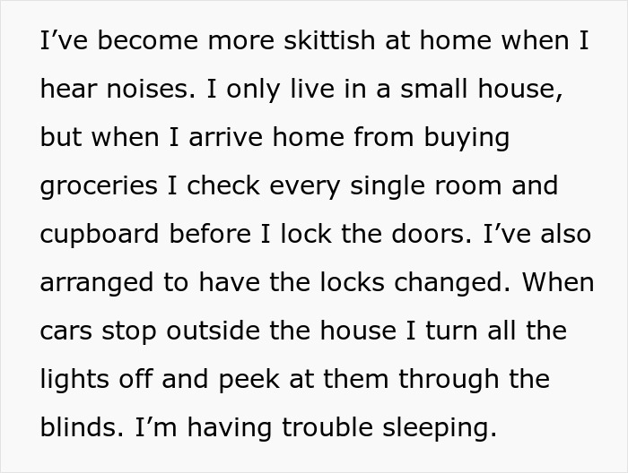 Text describing feeling skittish at home due to noises, checking rooms, and having trouble sleeping; related to being paranoid.