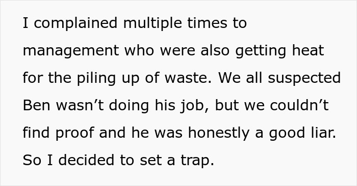 Text on management complaints about waste issues and setting a trap for inefficient coworker.